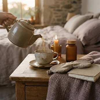 Evening herbal tea, sleep mask, and companion guide arranged for perimenopause