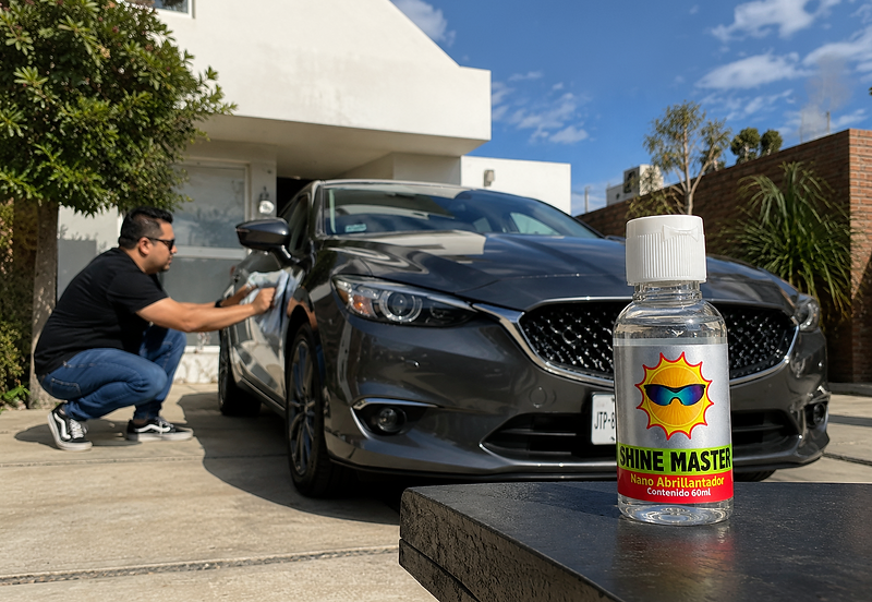 Hombre puliendo un auto en cochera con Shine Master