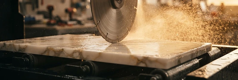 Cambria quartz slab being precision-cut by a diamond blade in the New Jersey fabrication shop