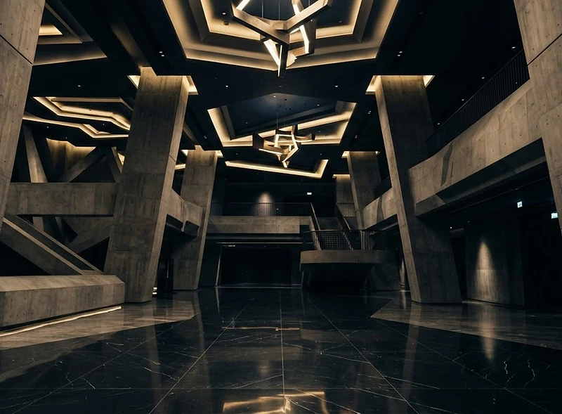 Modern luxury casino architecture with dramatic lighting