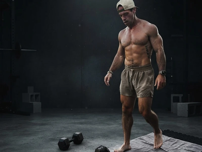 A man gripping a dumbbell in a dim home environment