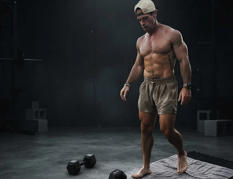 A man gripping a dumbbell in a dim home environment