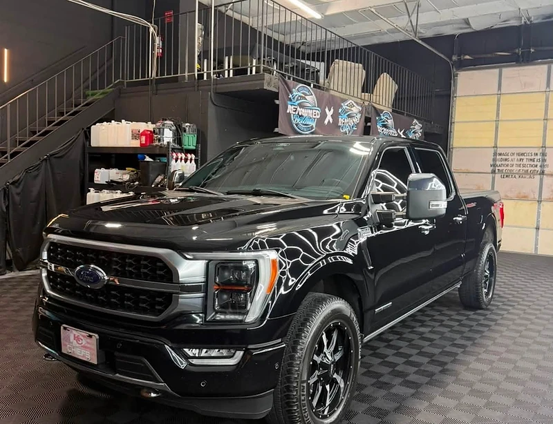 Ceramic-coated black F-150 in the Lenexa, KS detailing shop