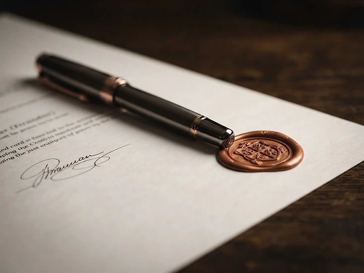 Premium fountain pen on a trade document with a copper seal