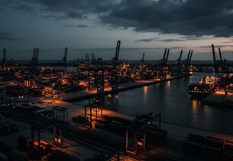 Aerial view of a deep-sea container port at dusk