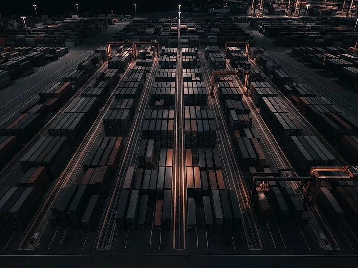 Stacked shipping containers in a logistics terminal at night