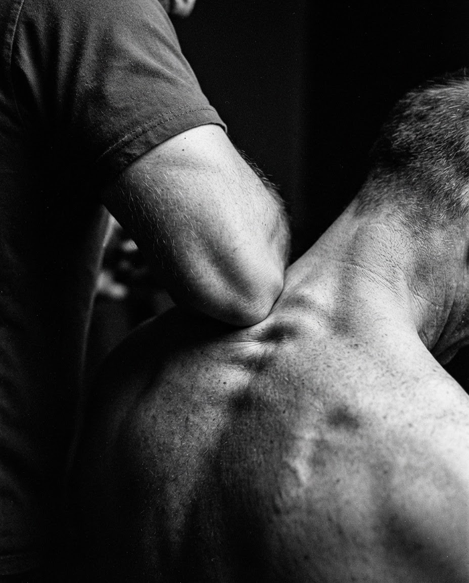 Elbow applying deep pressure to trapezius