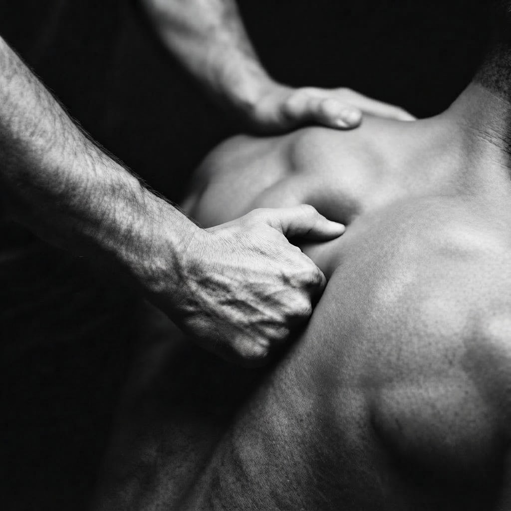 High-contrast bodywork: hands applying deep pressure to a back