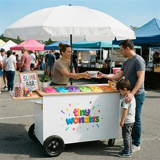 Illustrative market scene of an attendant handing a packaged slime container to a parent at the bar