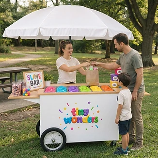 Illustrative park scene of an attendant handing a takeaway bag to a father and child at the slime bar