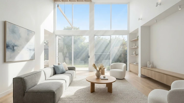 Sun-drenched modern living room with pristine air