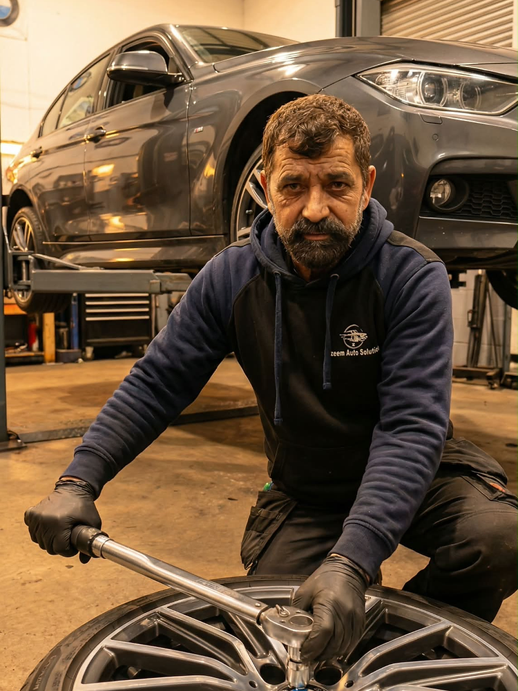 Azeem Auto Solutions technician installing a wheel