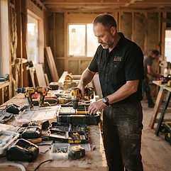 L.O.G Renovation carpenter organizing power tools on a job site workbench