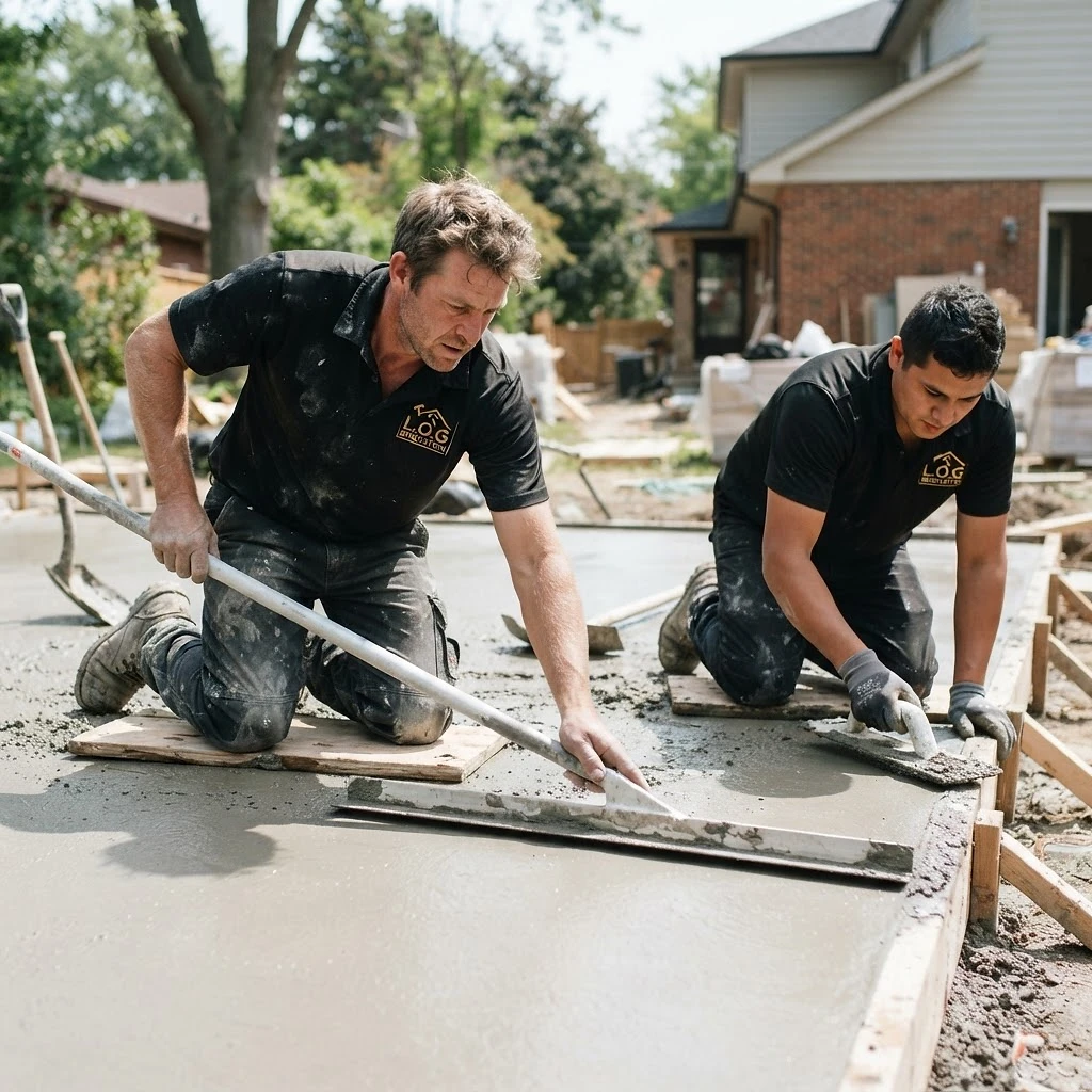 L.O.G Renovation workers finishing a concrete patio pour with a magnesium float