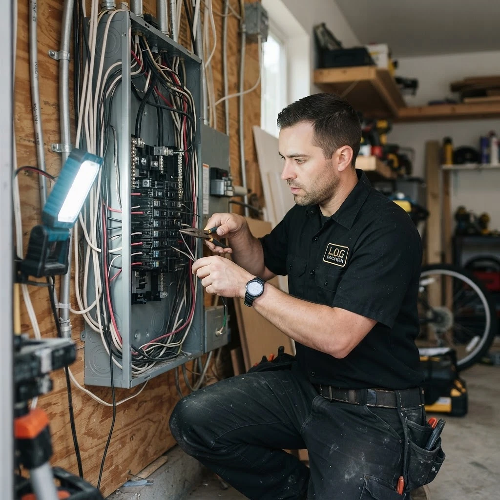 L.O.G Renovation electrician wiring a new service panel in a garage