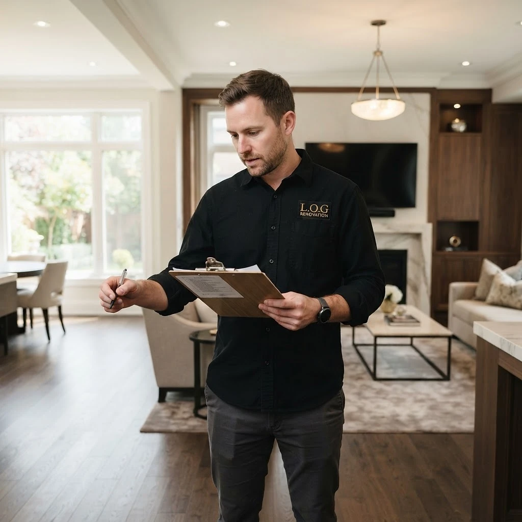 L.O.G Renovation project manager doing a final walkthrough in a completed living room