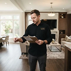 L.O.G Renovation project manager doing a final walkthrough in a completed living room