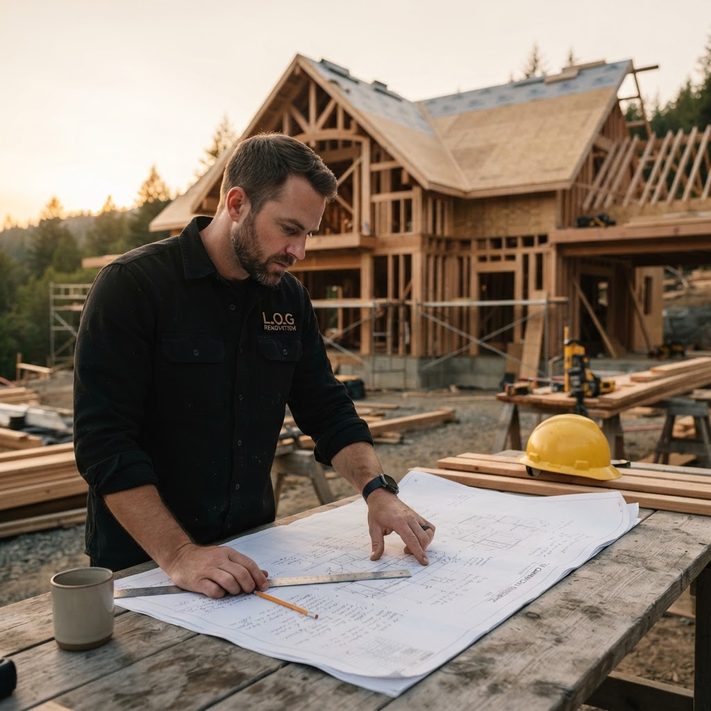 L.O.G Renovation project manager reviewing architectural blueprints on site with a luxury custom home under construction behind him