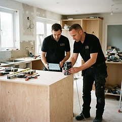 L.O.G Renovation fabricators templating a quartz kitchen countertop