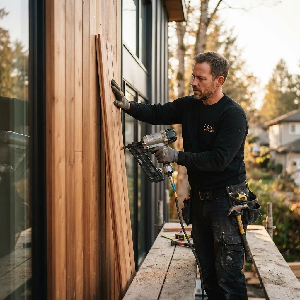 L.O.G Renovation carpenter installing vertical cedar siding on a modern home
