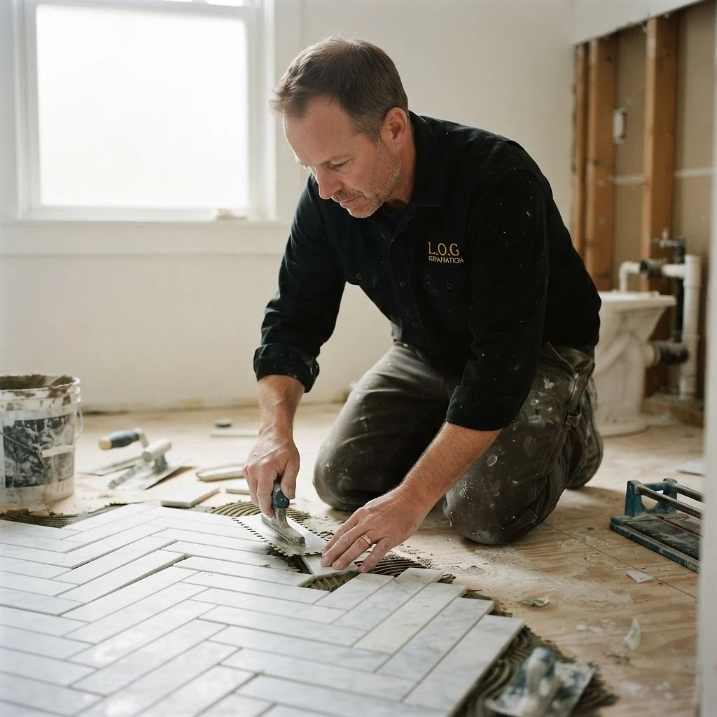 L.O.G Renovation tile setter laying out a herringbone marble bathroom floor