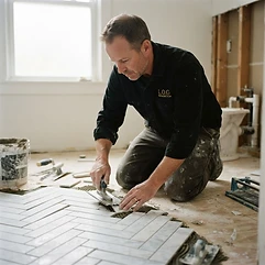 L.O.G Renovation tile setter laying out a herringbone marble bathroom floor