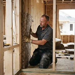 L.O.G Renovation worker installing mineral wool insulation in wall studs