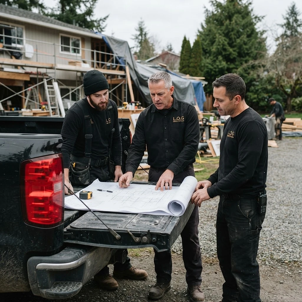 L.O.G Renovation crew reviewing blueprints on a truck tailgate at a job site