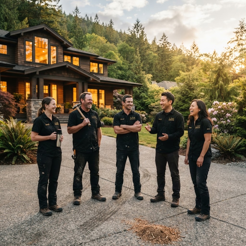 L.O.G Renovation team on the driveway of a completed custom home in Washington
