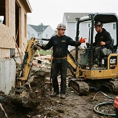 L.O.G Renovation crew member guiding a mini excavator during foundation excavation