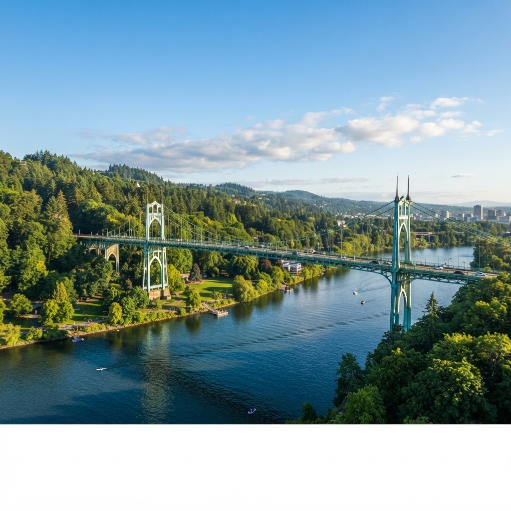 Misty morning at the St. Johns Bridge over the Willamette River in Portland, Oregon