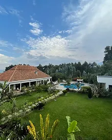 Lodge and pool surrounded by lush greenery