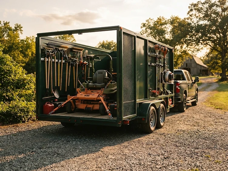 Clean, organized landscaping equipment and trailer from Che Landscaping