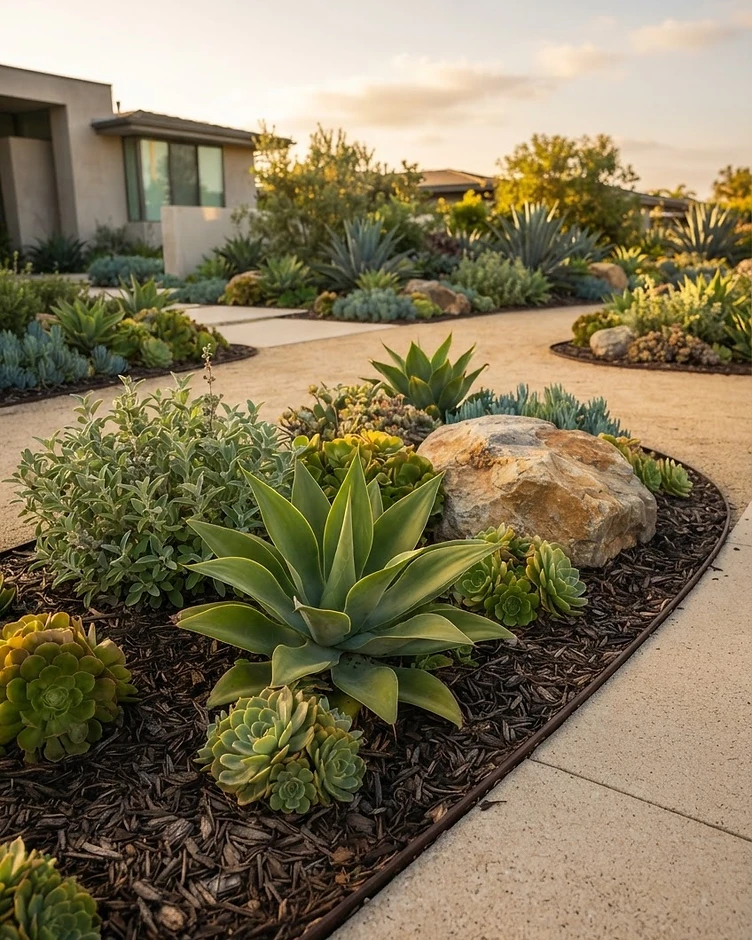 Designed garden bed with stone and drought-tolerant plants by Che Landscaping