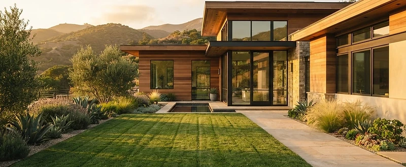 Manicured California lawn and drought-tolerant garden maintained by Che Landscaping
