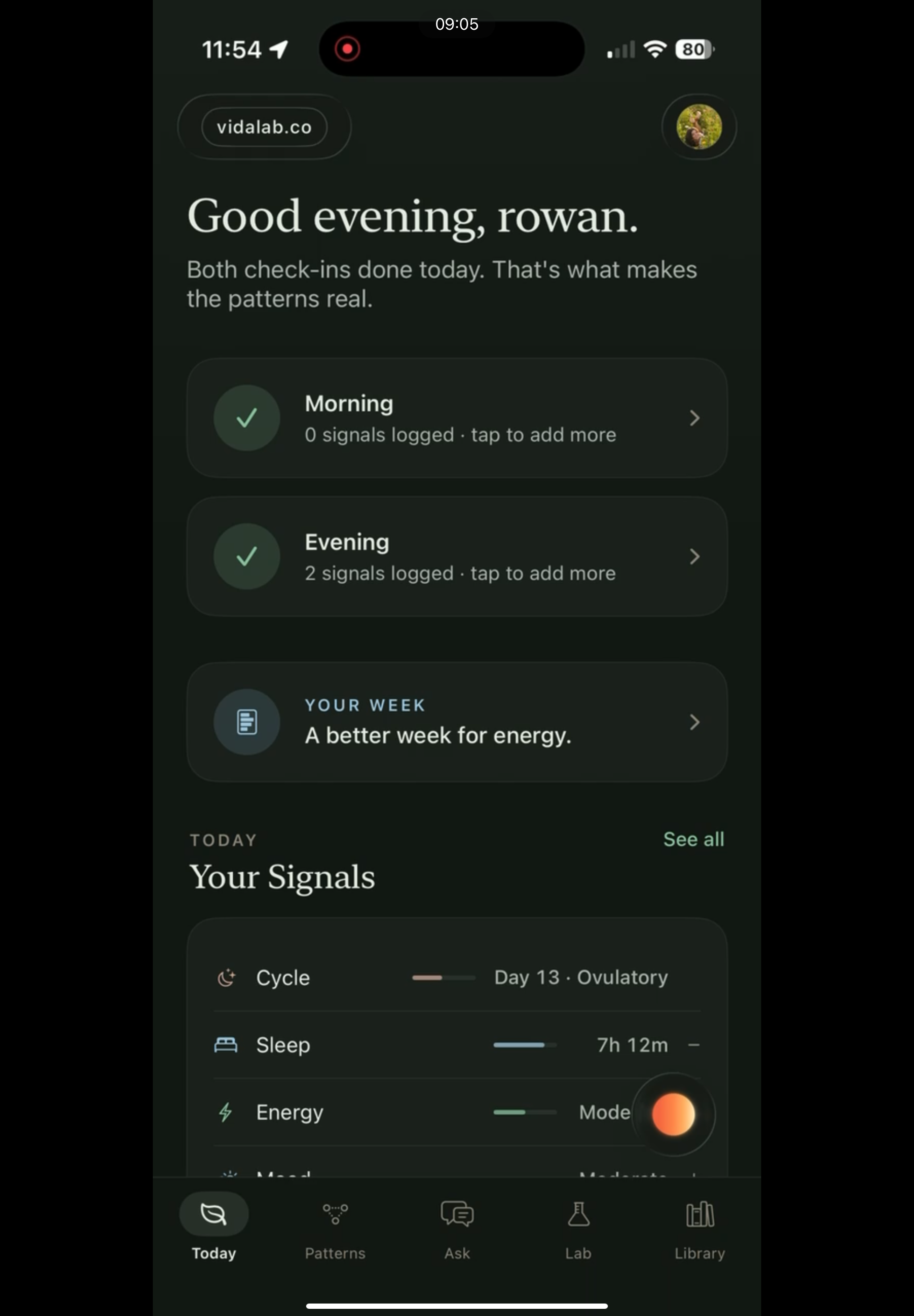 VIDA LAB Today dashboard