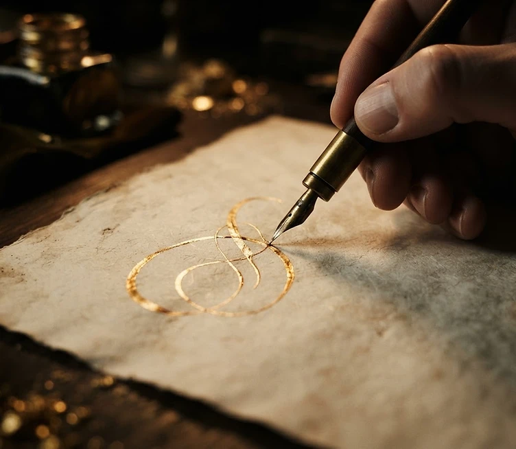 A master calligrapher's reed pen tracing gold ink on vellum