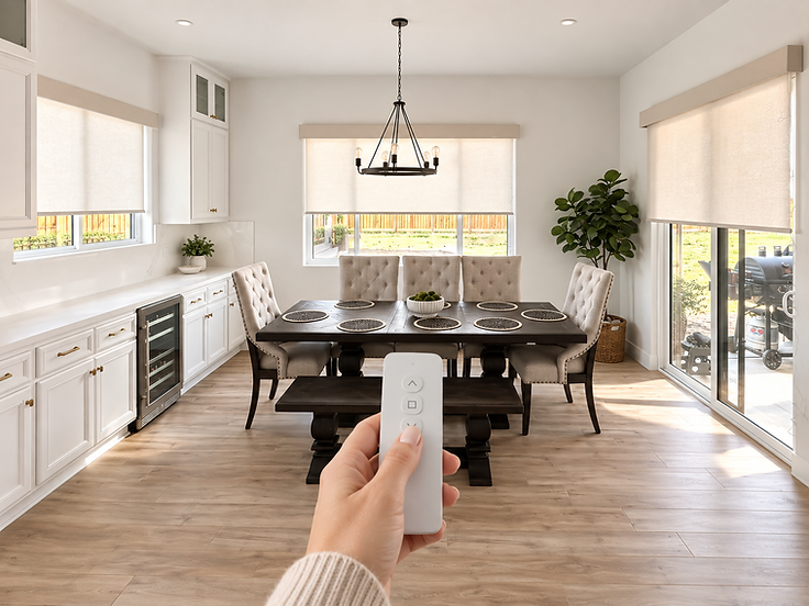 Motorized roller shades with remote control in a modern smart home