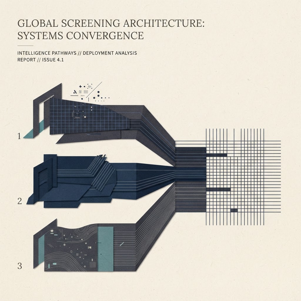 Three distinct screening pathways converge on a measured grid, representing clinical AI deployment across different settings.