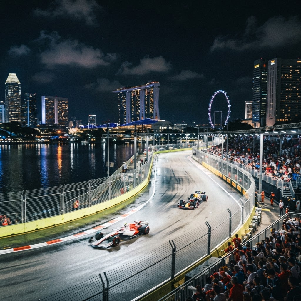 Marina Bay Street Circuit glowing between the skyline on race night