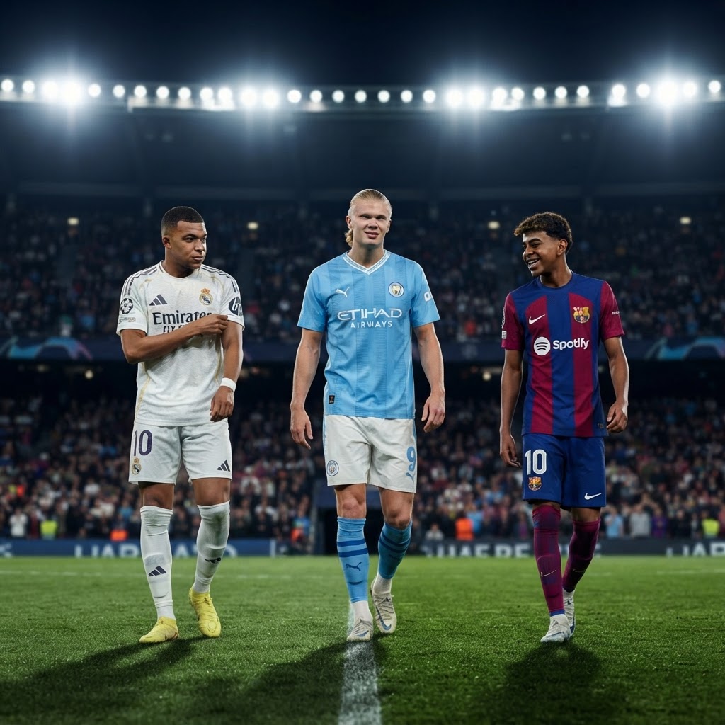 لامين يامال وكيليان مبابي وإيرلينغ هالاند بملابس ناديهم الرسمية: برشلونة 10، ريال مدريد 10، ومانشستر سيتي 9