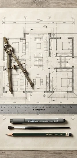 Top-down view of an architect's drafting desk with hand-drawn blueprint, compass and technical pen on vellum paper.