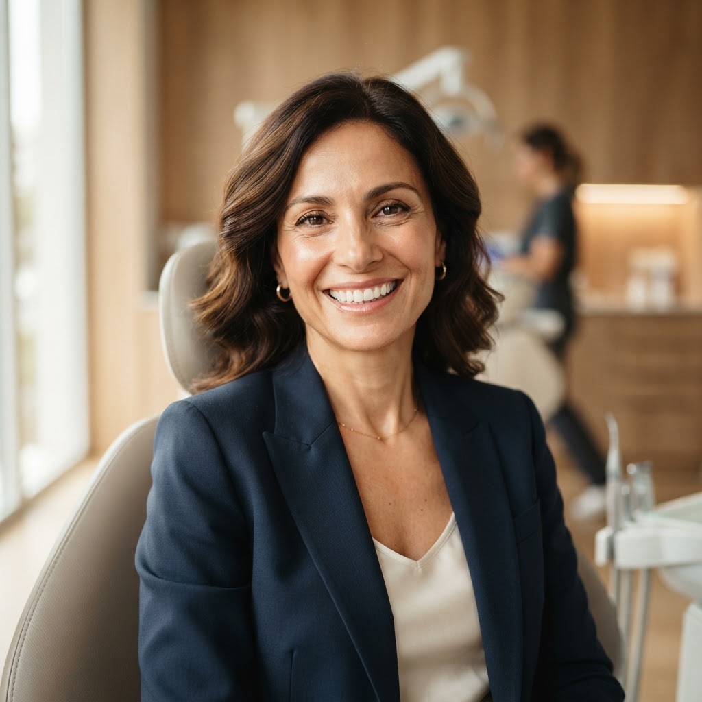 Paziente serena con un sorriso naturale — implantologia dentale San Tommaso