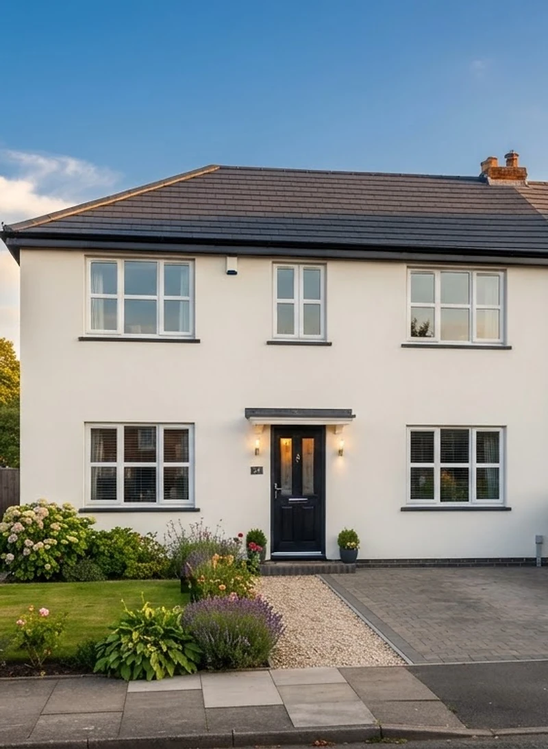 Rendered semi-detached home in Sheffield at golden hour
