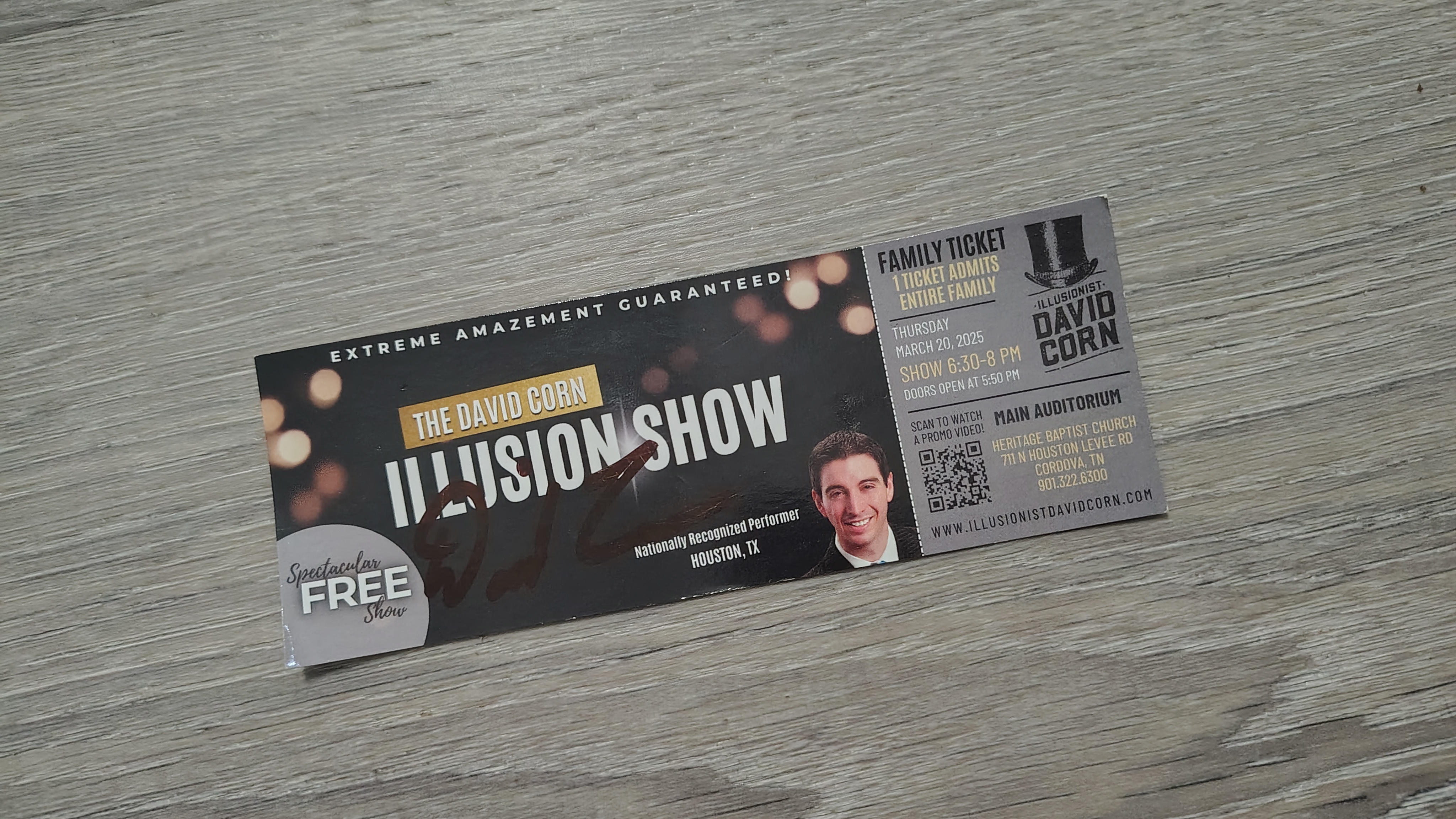 Signed ticket for The David Corn Illusion Show