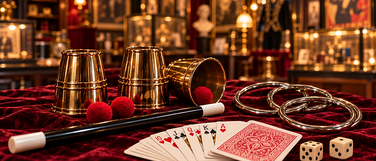 A magician's table set with cups, balls, cards, linking rings, and a wand on red velvet