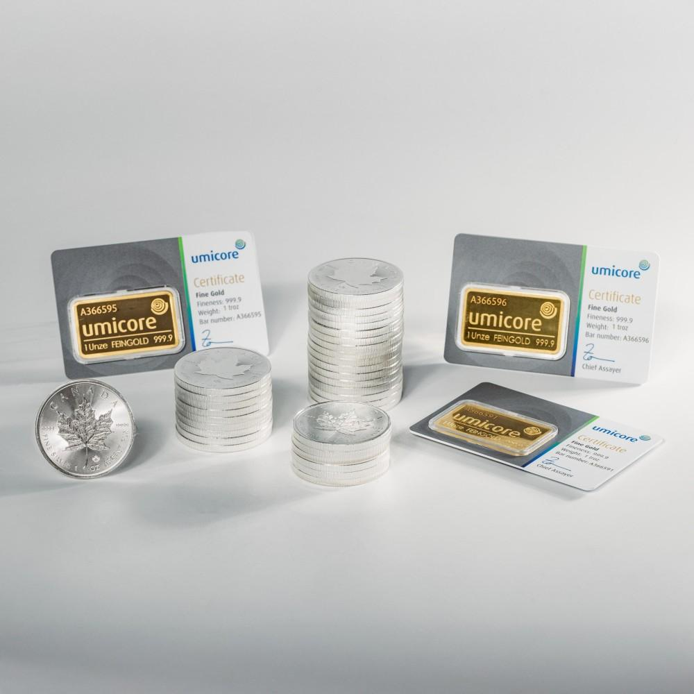 Gold and silver bullion bars and coins