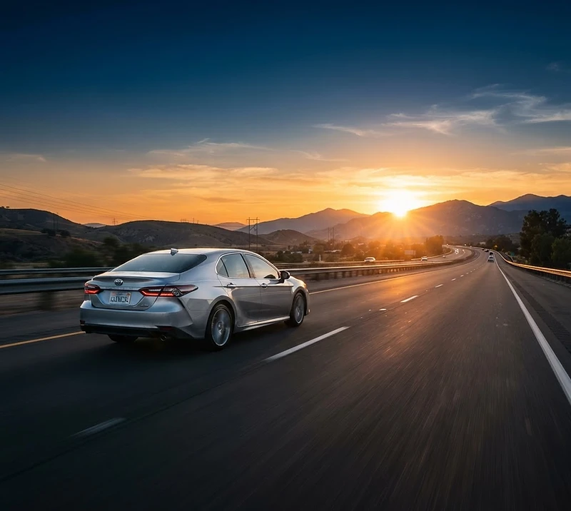 Silver Camry at sunset