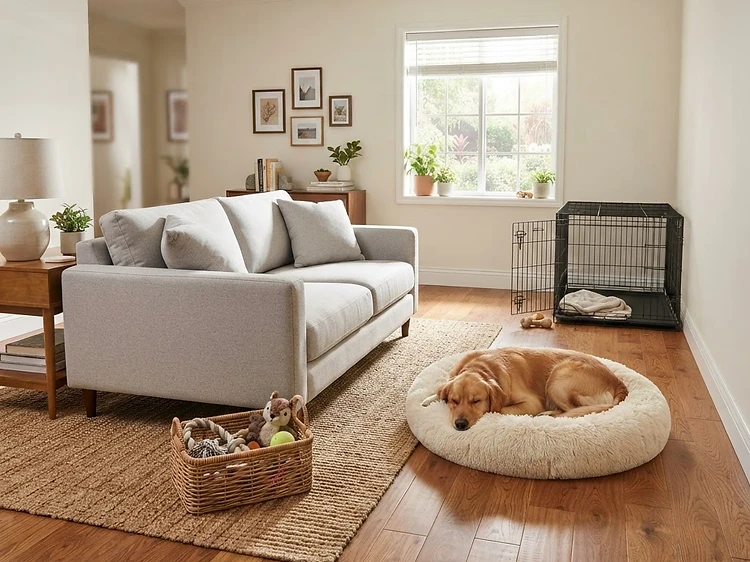 Pet-friendly living room sofa, dog bed, and hardwood floor before and after a pet-friendly clean — After