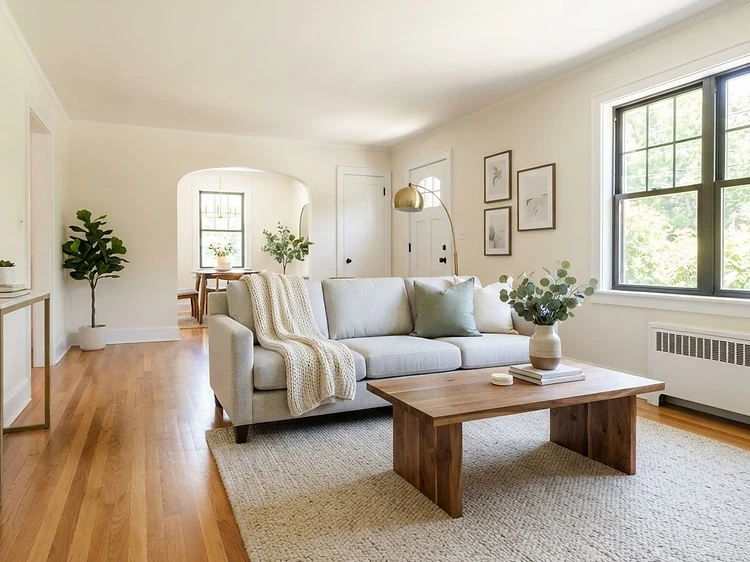 Living room sofa, coffee table, and hardwood floors before and after a residential clean — After